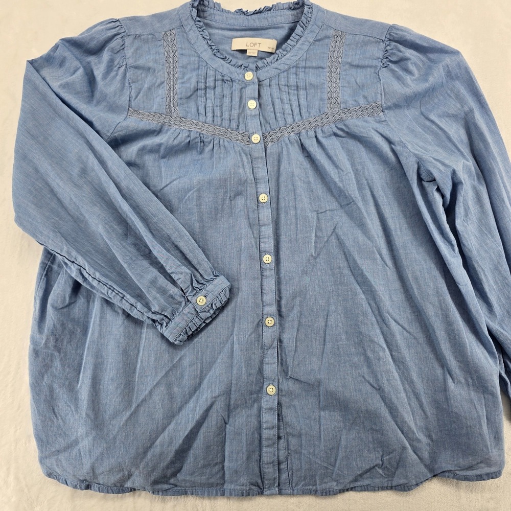 LOFT Button Down Womens XXLP Blouse Blue Cotton Crochet Trim Ruffle Neck